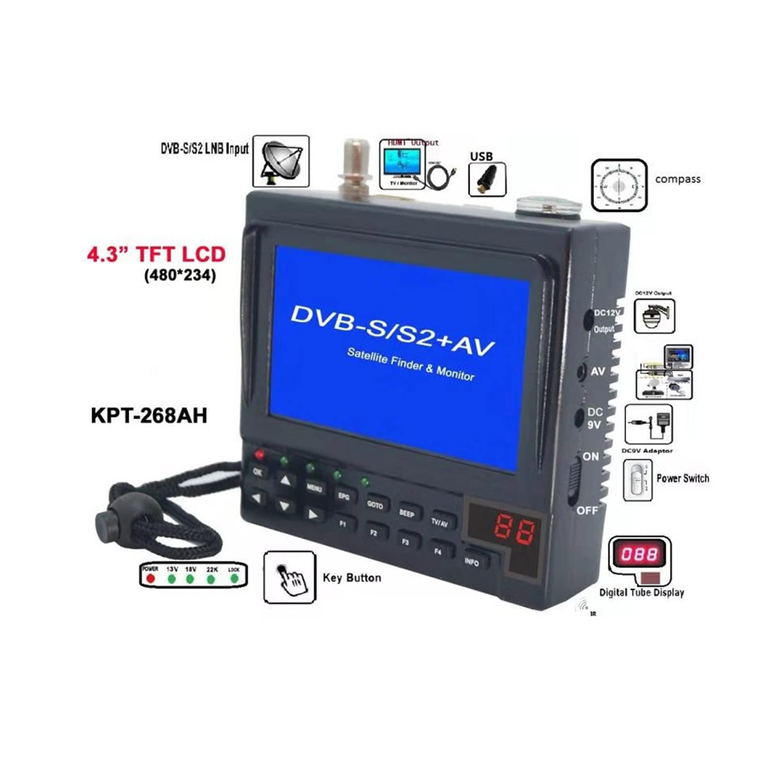 Cercatore satellitare digitale KPT-268AH Misuratore satellitare MPEG4 DVB-S2 Cercatore stella HD con schermo LCD