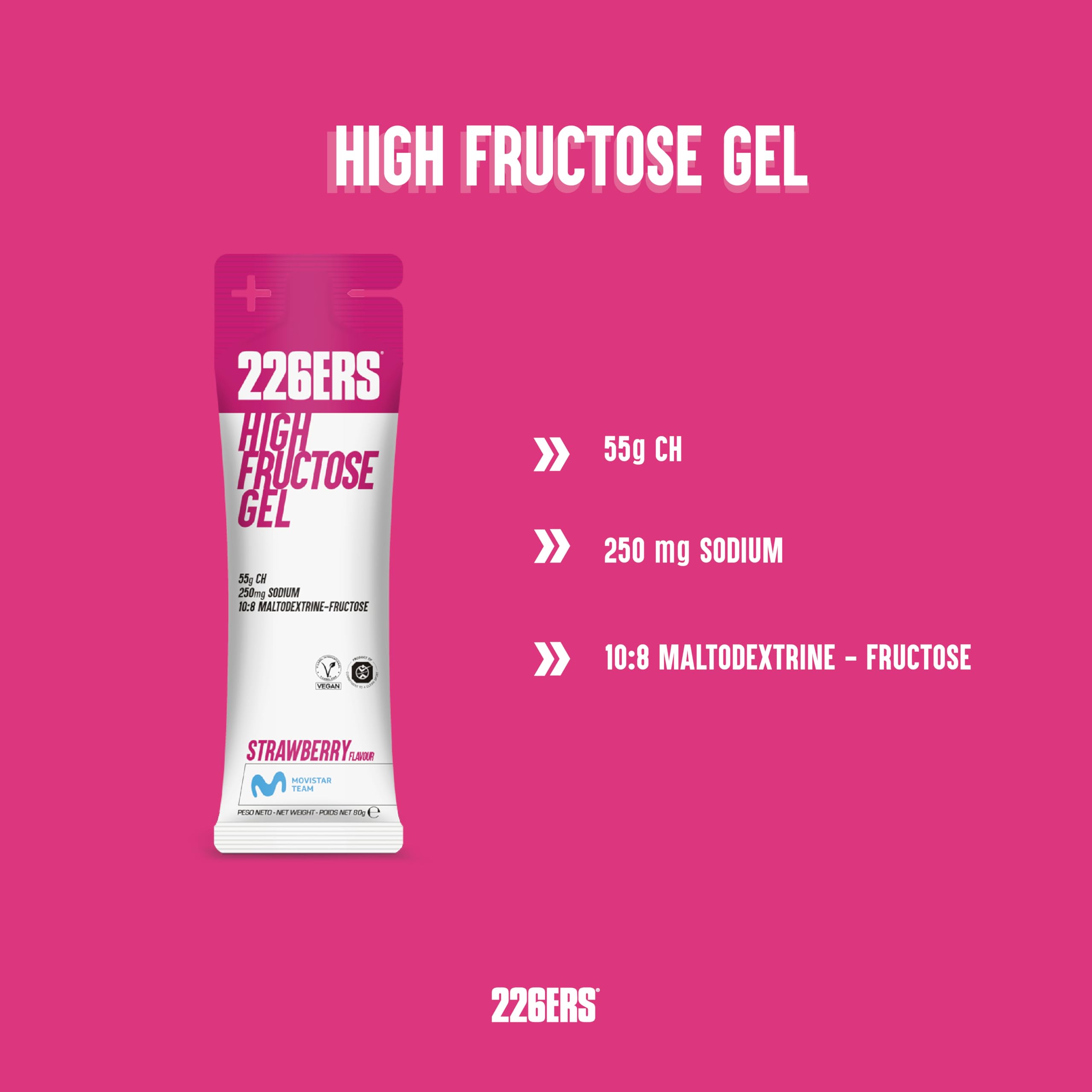 226ERS - High Fructose, Gel Energético para Deportistas, con Maltodextrina y Fructosa, Vegano y Sin Gluten, Aporte Hidratos de Carbono, Sabor Fresa, 1 Gel x 80 g
