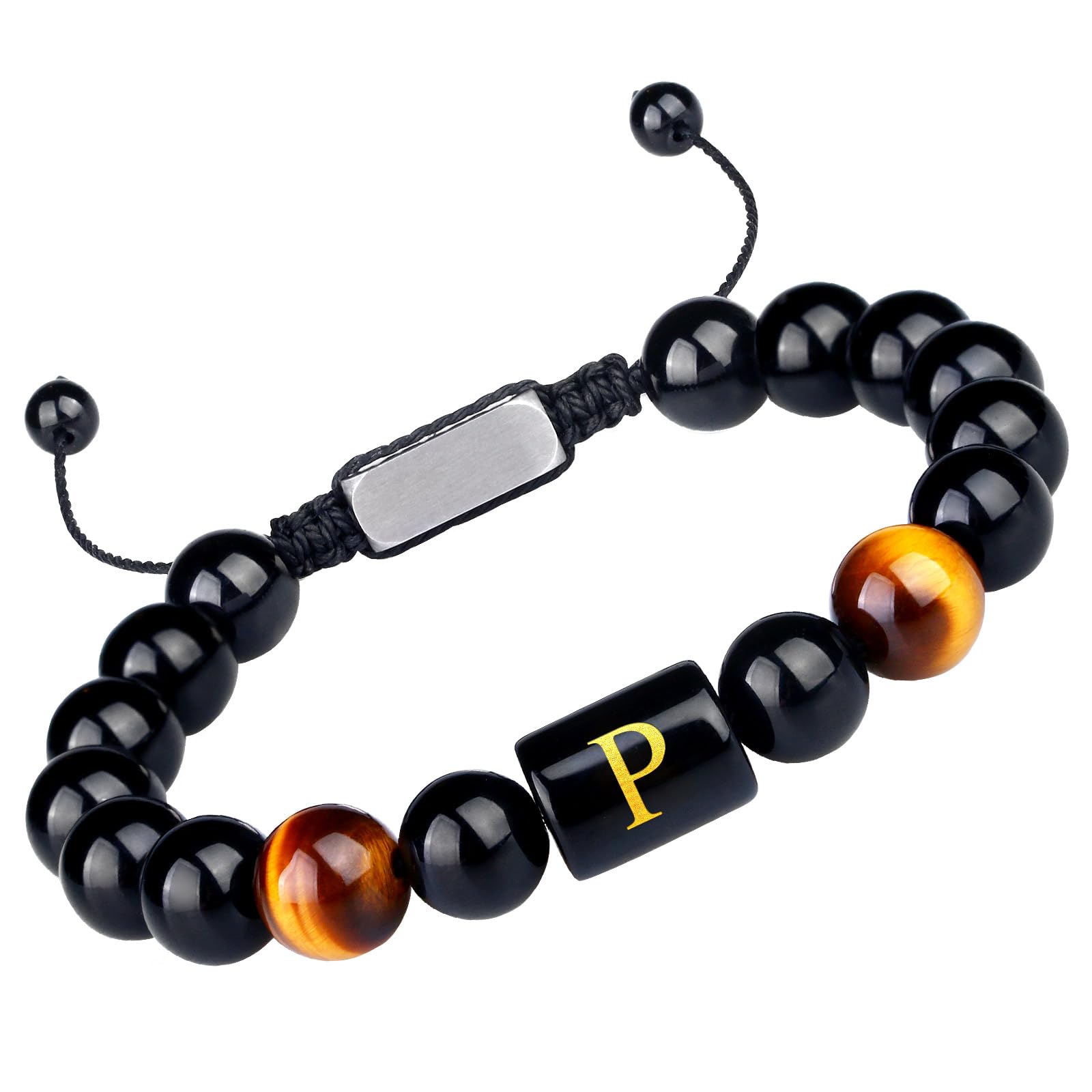Purdvro Letter Initial Letter A-Z Bracelet for Men Teens Handmade Natural Black Onyx Tiger Eye Stone Bead Bracelet Meaningful Gift Birthday