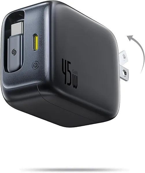 Baseus Retractable USB C Charger, 45W Dual Port Fast Charging Block with Foldable Plug, PD/PPS for Galaxy S24/iPhone 17/16/15 Series/MacBook Air/Airpods 4