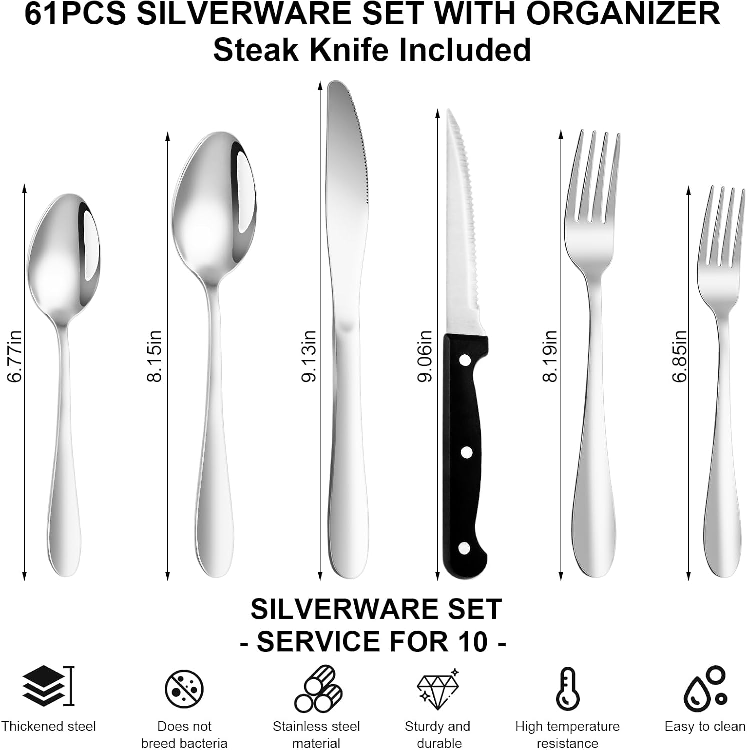61Pcs Silverware Set with Organizer, Silver Stainless Steel Flatware Set for 10 Cutlery Utensil Sets with Steak Knives, Spoons and Forks Set, Dishwasher Safe