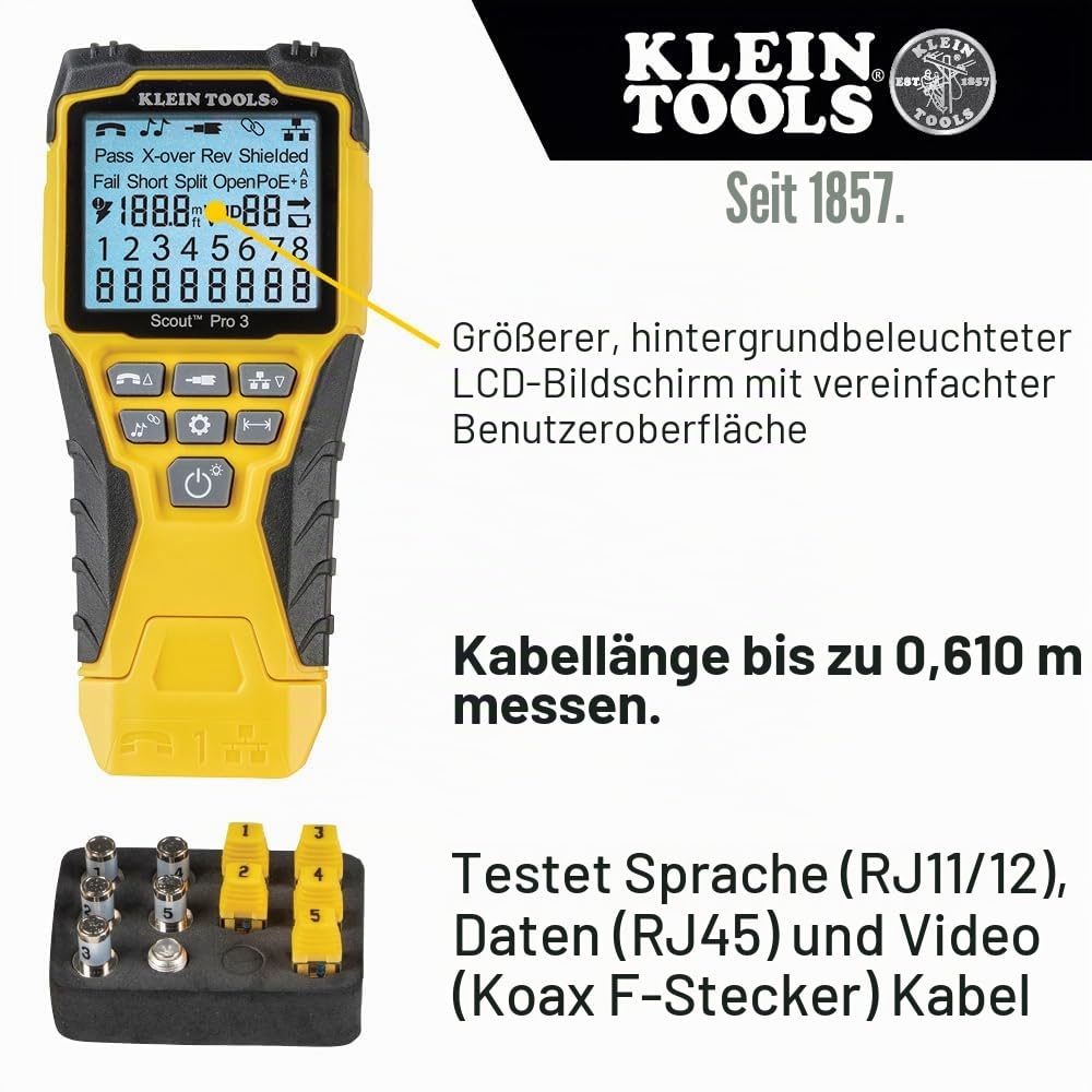 Klein Tools VDV501-851 | Scout® Pro 3 Kabeltester Kit | Ethernet Tester mit Remote-Identifikation | Für RJ45, RJ11, Koax | Inkl. Kabeladapter & 5 Remote-Einheiten | Netzwerktest & Fehlerdiagnose