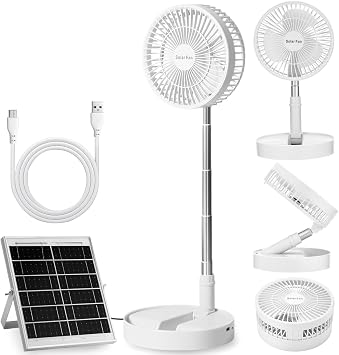 Aurelema Solar Battery-operated Portable Standing Fan with Solar Panel, 8" Rechargeable USB Telescopic Foldable Pedestal Desk Fan, 5200mah Battery, Adjustable Height, 3 Speeds, for Bedroom Home