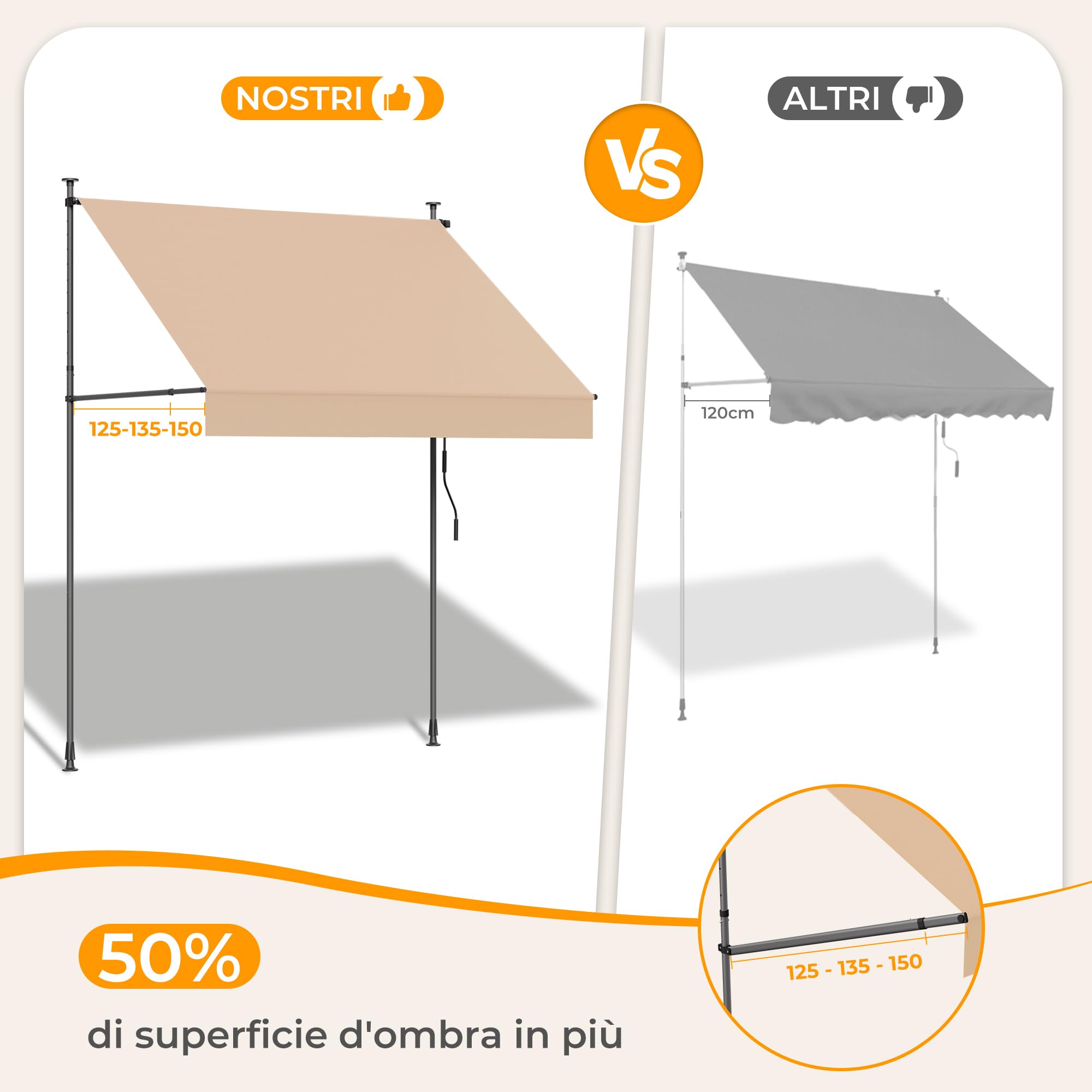 Tenda da Sole a Morsetto con manovella regolabile, Impermeabile Anti-UV, 200 cm x (120-150) cm Cachi