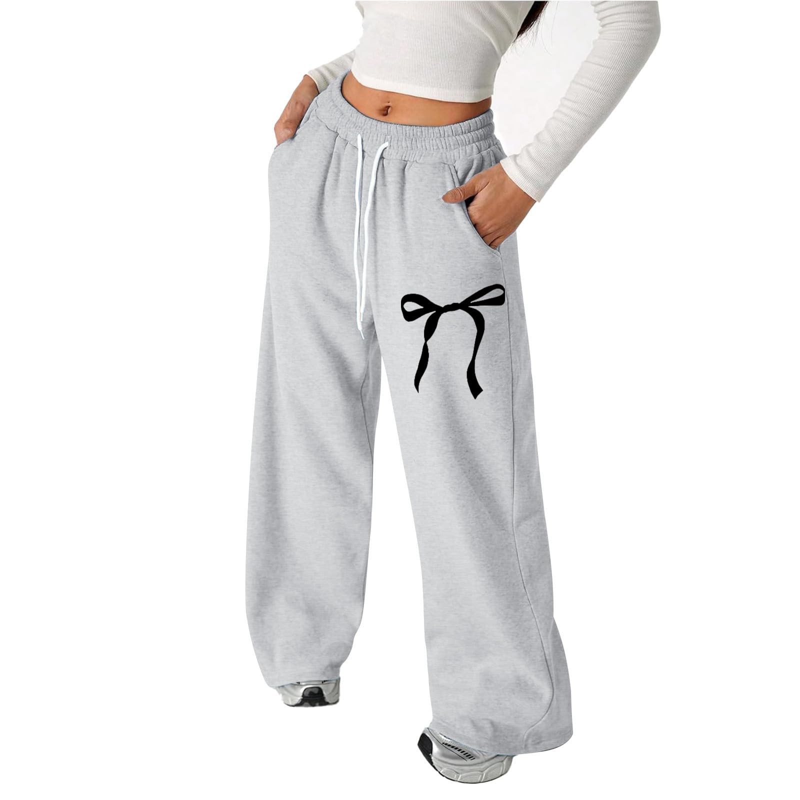 Generisch 2025 Baggy Pantalon de jogging avec nœud pour fille Pantalon de sport léger avec jambe droite et poches