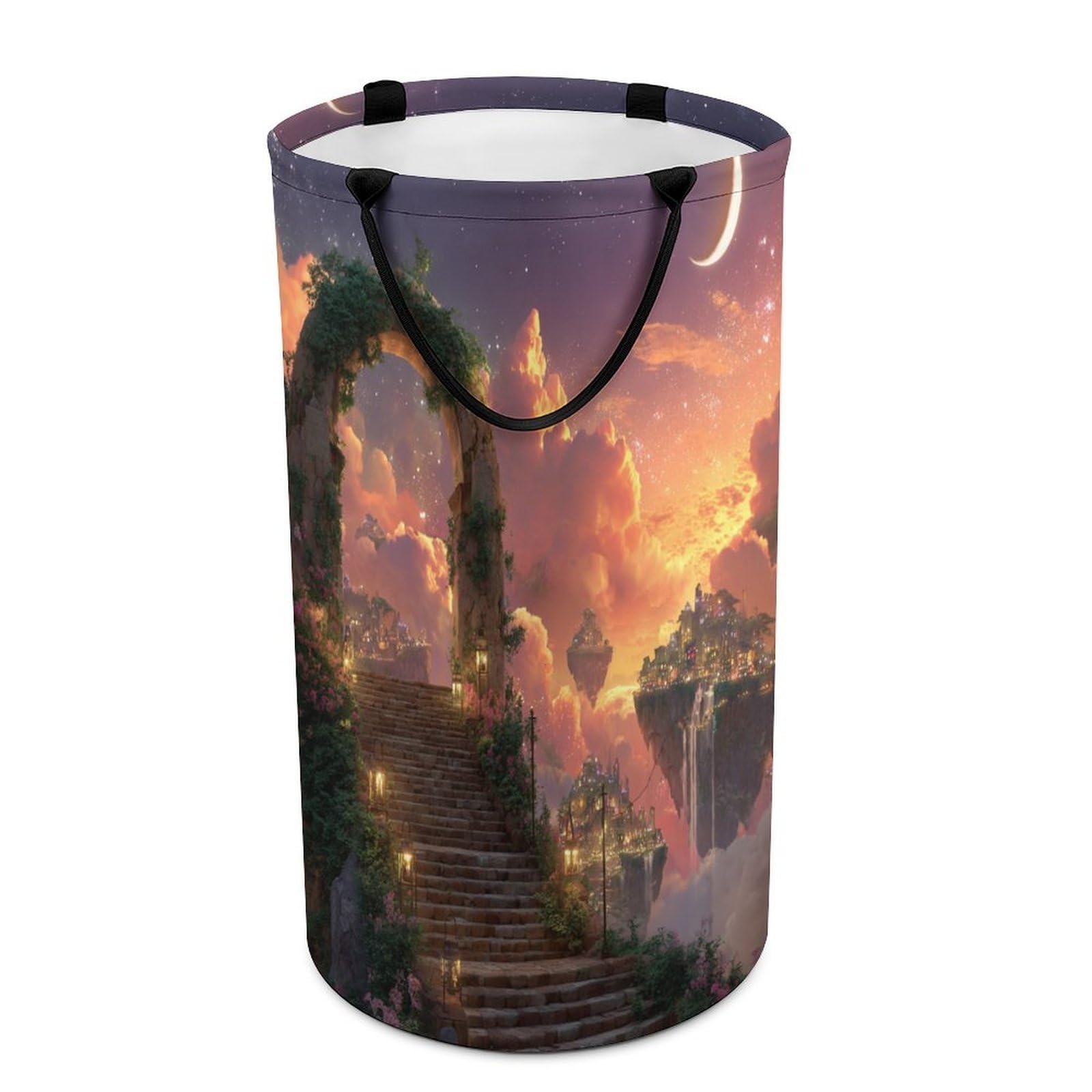 LUYYSKY Beautiful Fantasy Floral Arch Versatile Storage Laundry Basket, Mid Century Aesthetic Starry Sky Enchanted Garden Castle Large Bathroom Laundry Hamper With Handle-40 CM Dia, 69 CM High