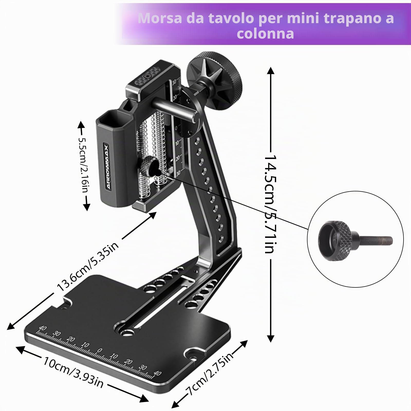 Mini trapano elettrico a 5 velocità con pressa da banco Hedgehog, 10 punte piccole ARROWMAX con scatola in alluminio, display OLED, luci LED, mandrino autoserrante da 3/32 pollici (SDS ULTRA PLUS)