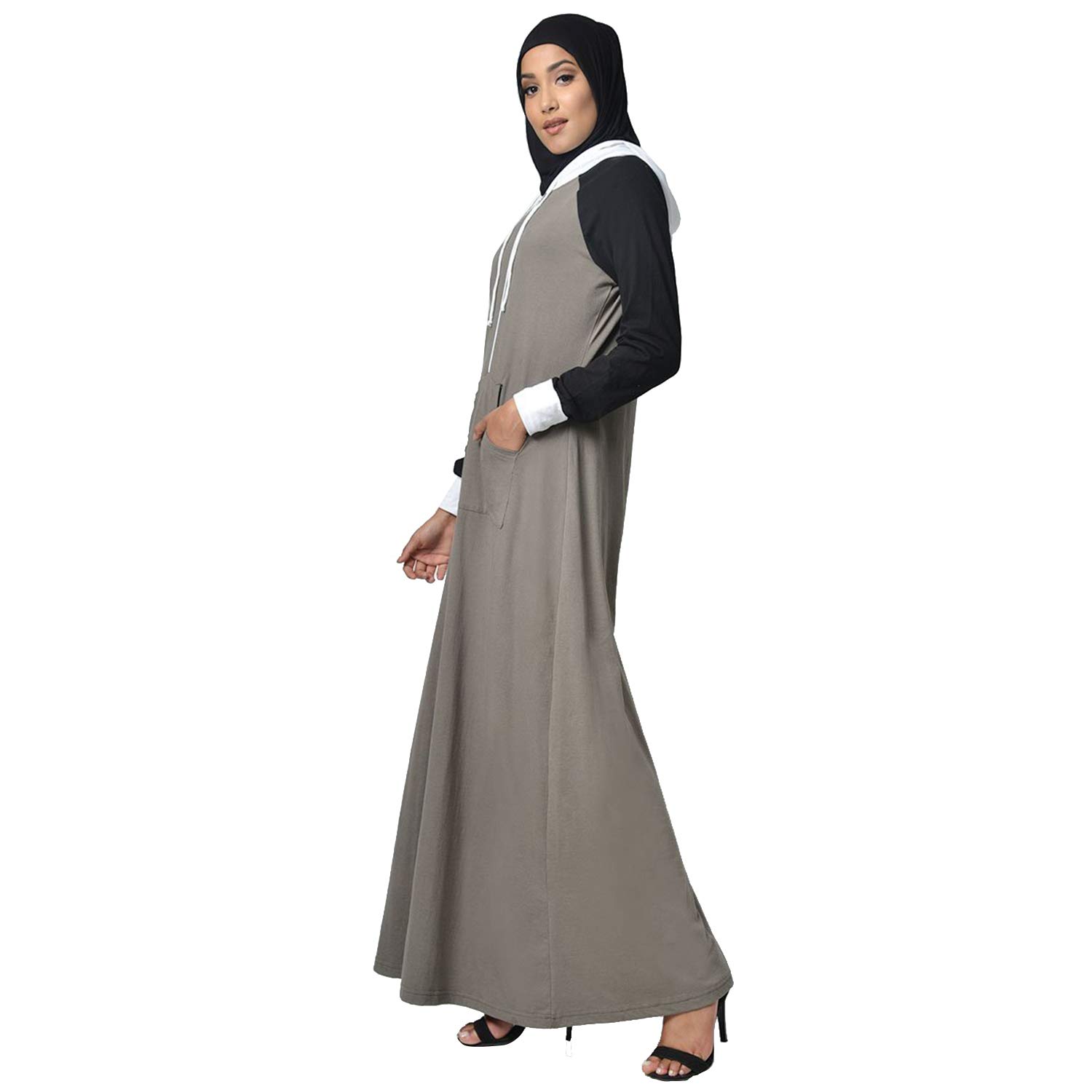 Tee shirt style contrast color block design with hoodie cotton jersey abaya dress for winters