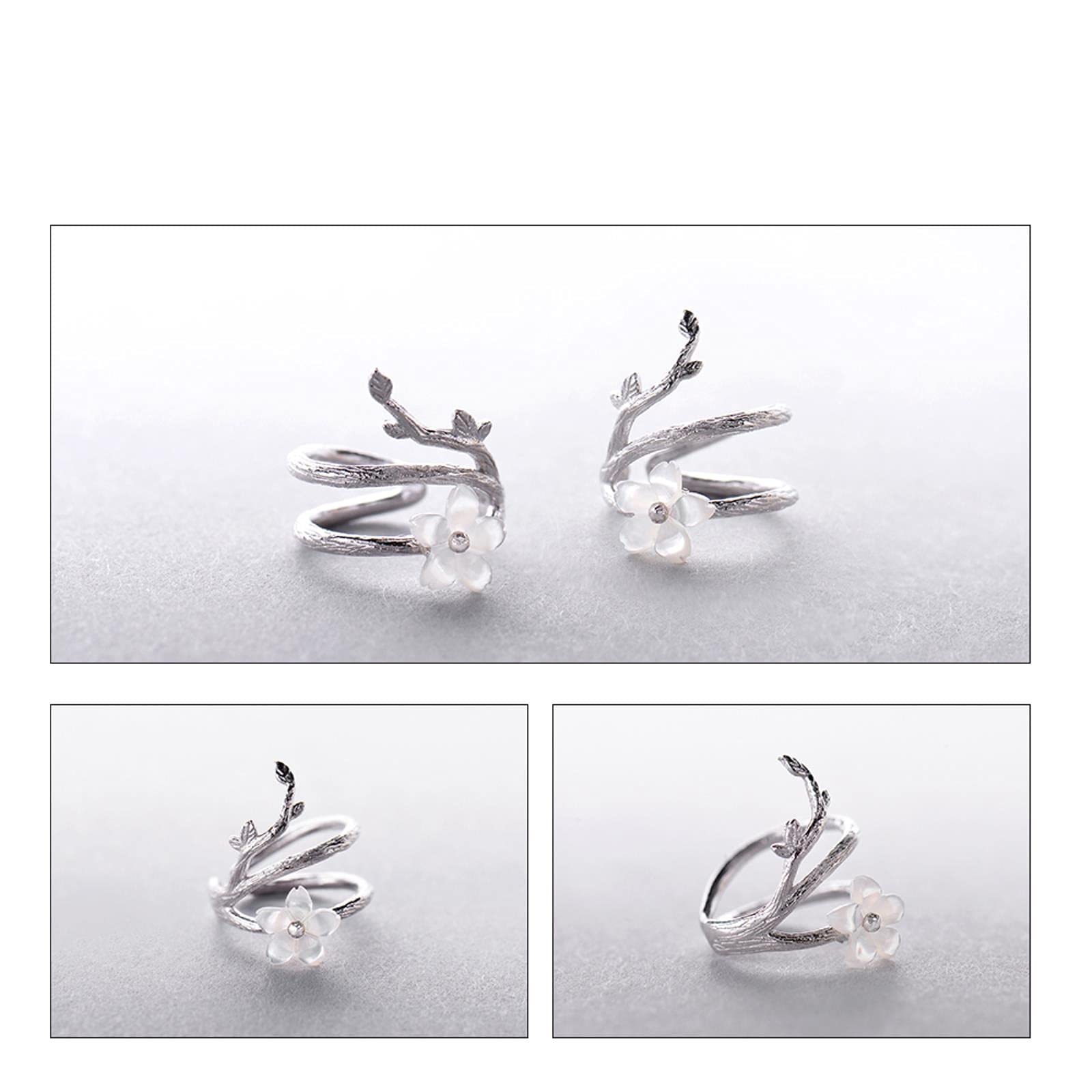 LOKILOKI Orecchini A Clip in Argento 925 con Fiore di Ciliegio Bianco Orecchini A Polsino Rotondo con Fiore Senza Piercing per Donna Elegante Gioielleria Fine