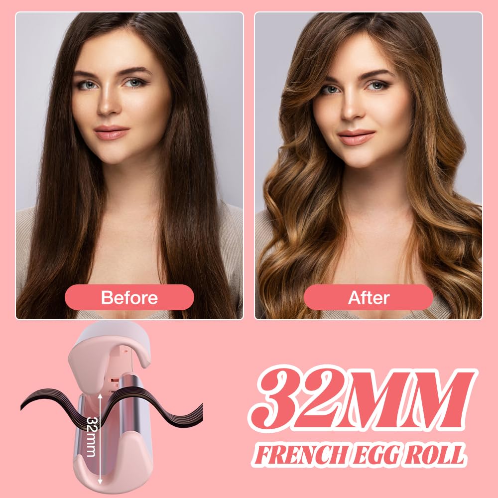 Rizador Pelo Ondas, 32 mm Rizador de Pelo, Ondulador de Pelo con 5 Temperaturas, Ondulador de Pelo Iónico, Rizador de Rollos de Huevo (Rosa)