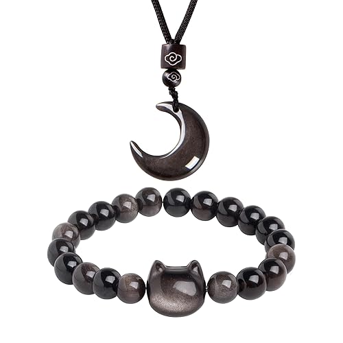 Black Obsidian Cat Bracelet and Moon Pendant Necklace Jewelry Set-Cat Lover Gifts,Wealth Attraction,Good Luck,Bead Bracelet,Mindfulness,Beaded Bracelets, Obsidian Pendant Necklace-Cute Gifts for Women - Black-Moon-Bead Cat Face