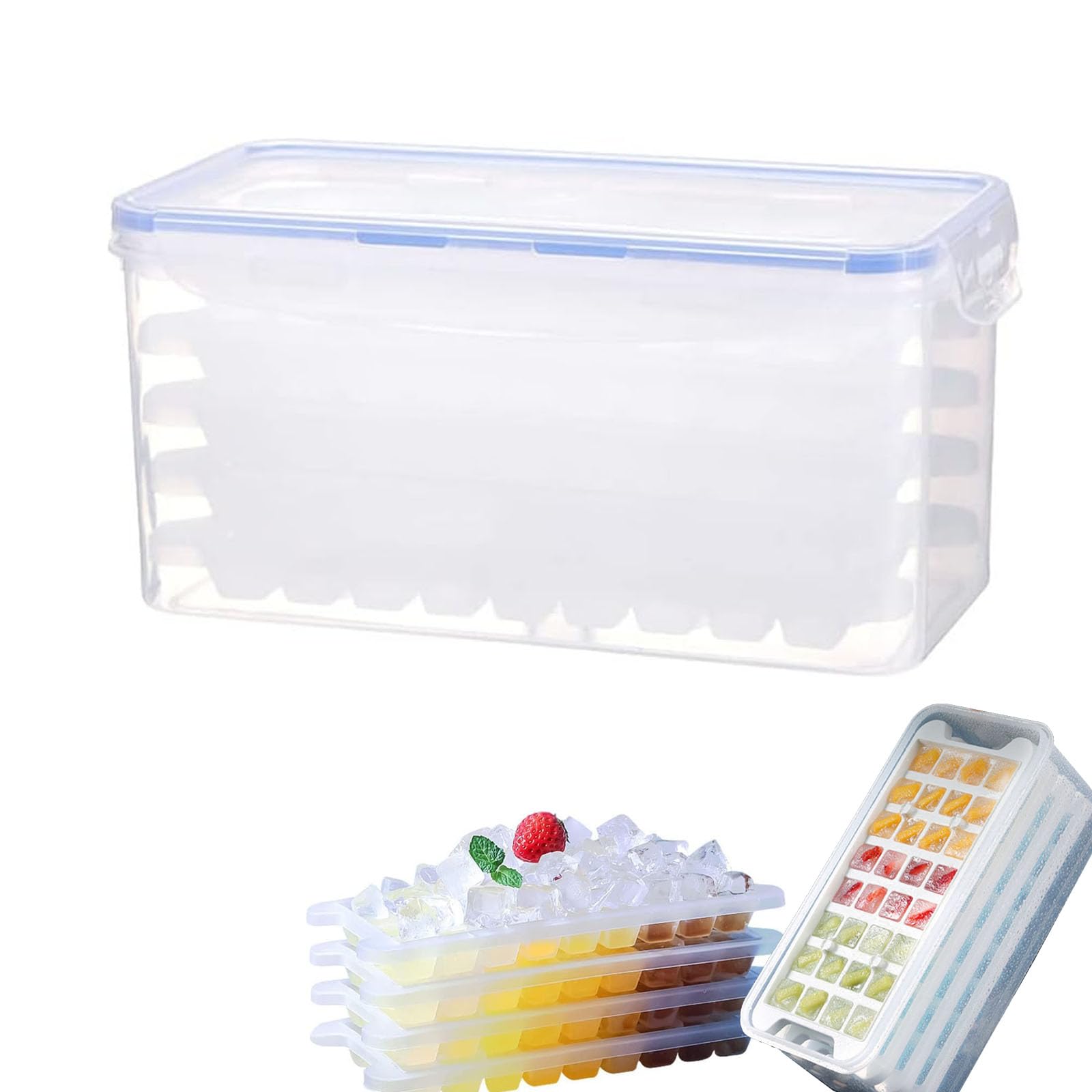 Eiswürfelform mit 4 Ebenen mit Deckel & verschließbarem Mülleimer - 128 Fächer, leicht zu lösender weicher Boden, stapelbarer Eiswürfel-Organizer für Gefrierschrank, BPA-frei