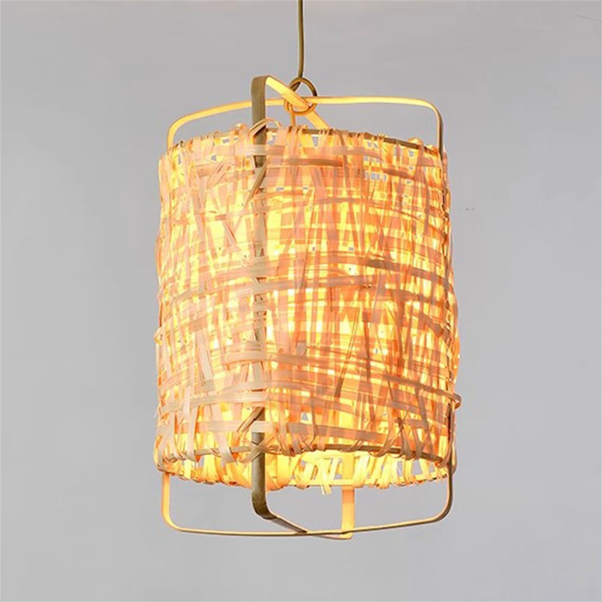 CSSYKV 13.7" Natural Wicker Chandelier Hand-Woven Boho Pendant Light Fixture with Bamboo Cage, Natural Color Wicker Rustic Woven Pendant Lamp for Dining Room Kitchen Island Living Room 1-Pack