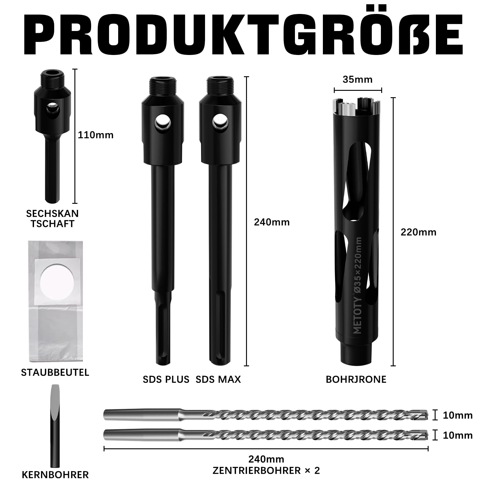35mm Diamant Bohrkrone, Steckdosenbohrer Kronenbohrer, mit Sds Plus Schaft 240mm,Sds max 240mm,SechskantSchaft 110mm Zentrierbohrer 10x240mm für Beton, Vollziegel, Hohlziegel, Mauerwerk usw.