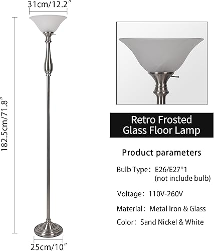 Miniatura 3 de Torchiere - Lámpara de pie para sala de estar, lámpara de pie con pantalla de cristal de alabastro blanco, lámparas de pie de níquel cepillado de