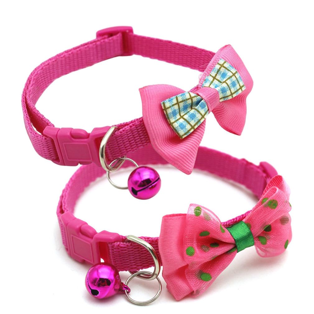 XS Dog Collar with Bell & Bow, 2-Pack Cat Bowtie Collar with Bells, Tiny Female Dog Collar for XXS Xs Small Pet Girl Dogs Kitten, Hot Pink