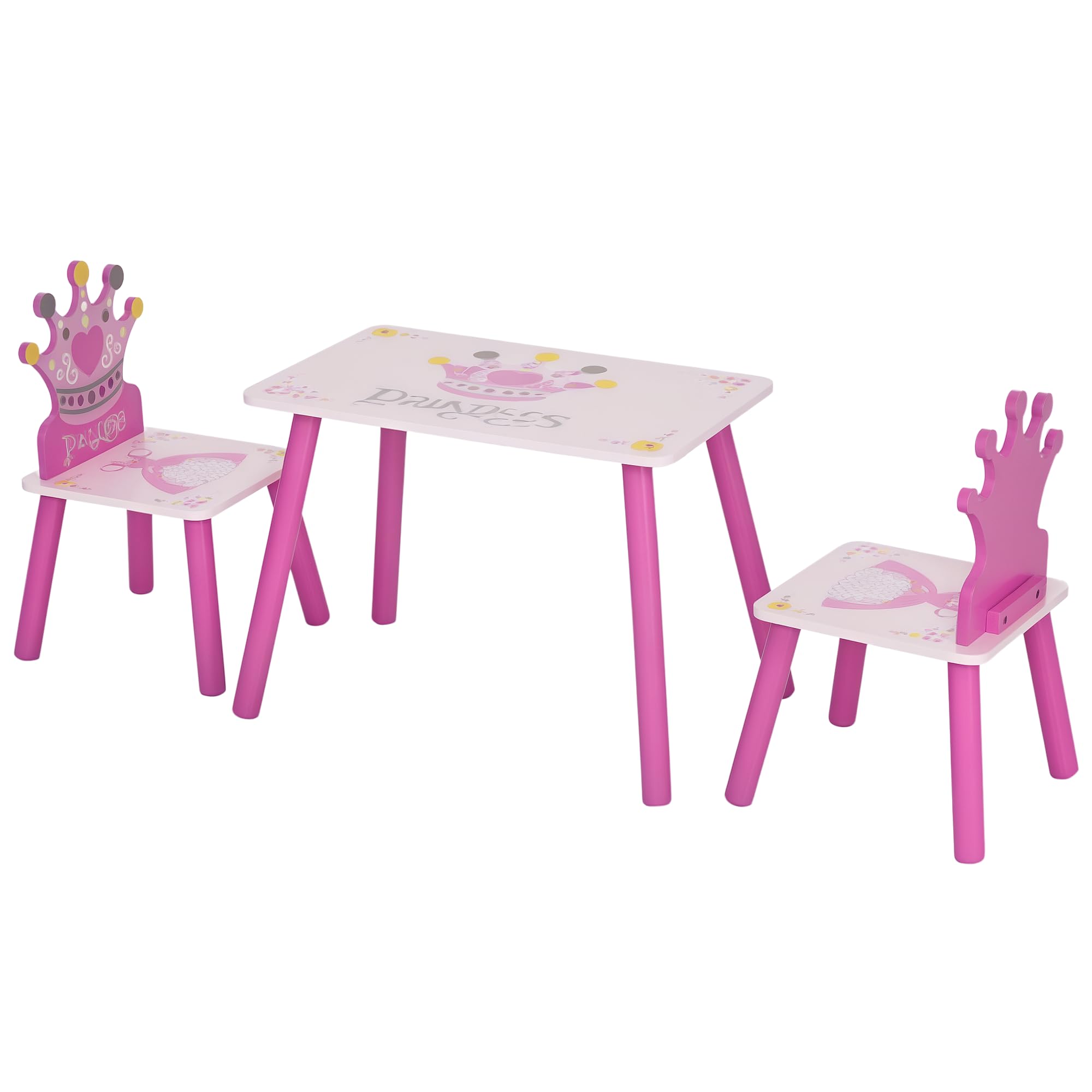 HOMCOM 3 Pcs Kids and Table Chair Set Princess & Crown Theme Home Furniture Pretty Gift 2-4 Years Pink