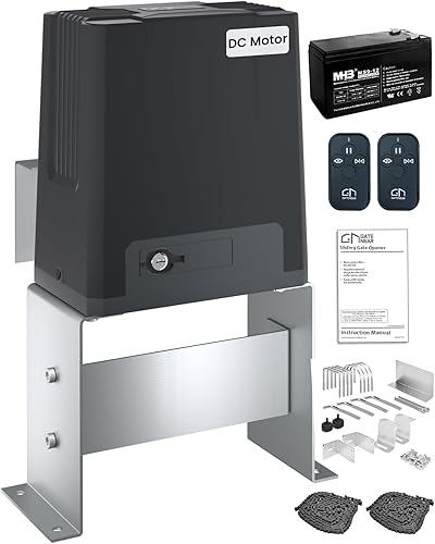 GateNear Abridor automático de puerta corredera de hasta 1400 libras con 2 controles remotos, motor de CC con 1 batería de respaldo, entradas