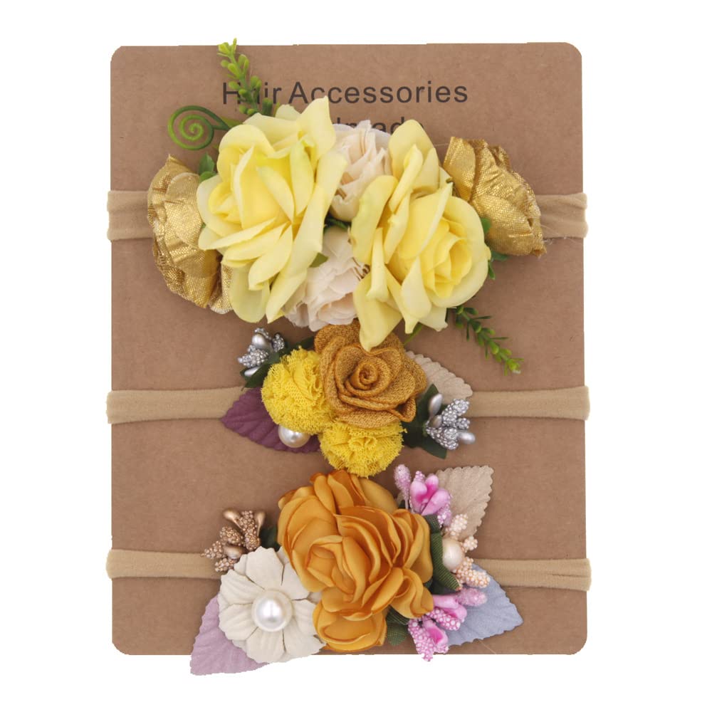 3PCS Baby Flower Nylon Headband Set Toddler Girls Elastic Floral Hairbands Newborn Turban Hair Band (Yellow)