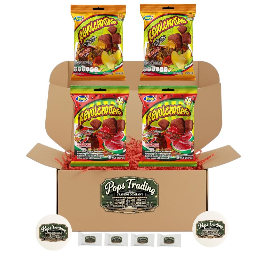 POPS TRADING COMPANY Since 1998 Mexican Candy Sweet and Spicy Hard Candies Covered in Chili Powder Variety Sampler Gift Box 4 packs Mango & Watermelon 6 ounce Bonus Gift 2 Pops Coasters
