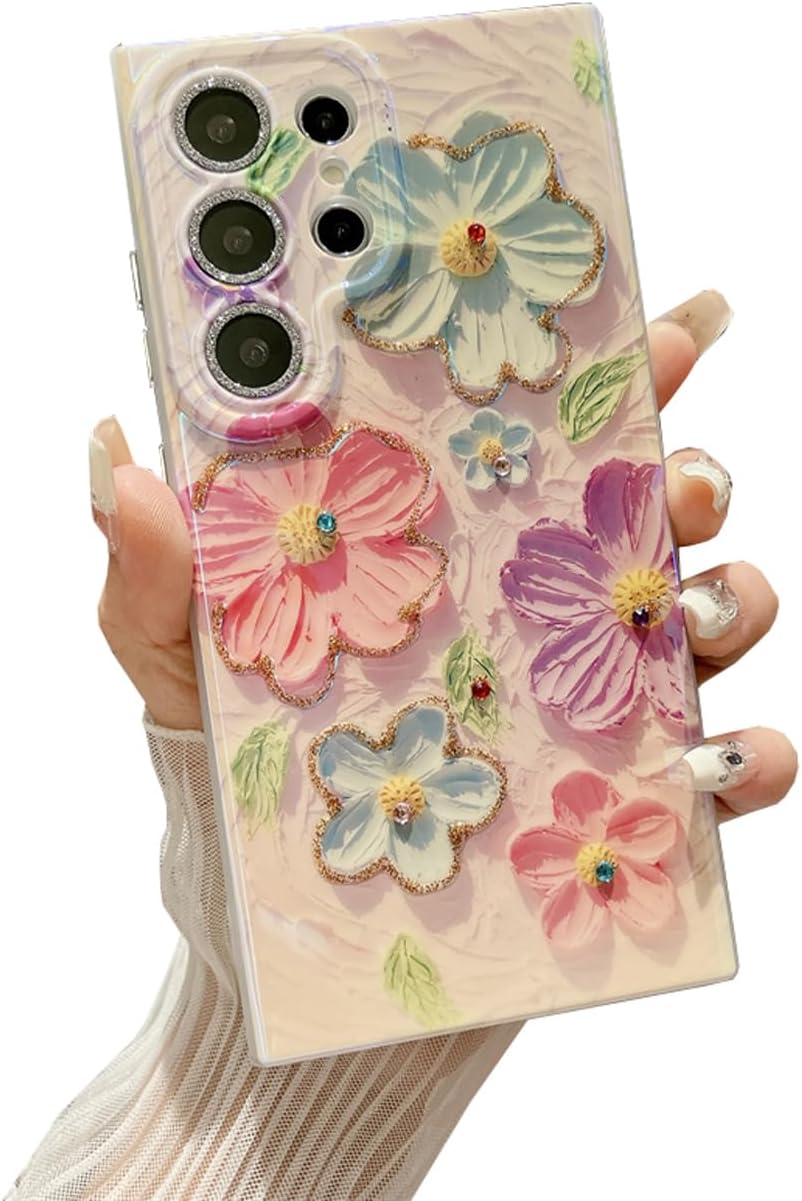 Doowear Galaxy S22 Plus Case for Women Girls Cute Retro Oil Painting Printed Flower Glitter Shiny Sparkly Camera Lens Protector Shockproof Phone Cover Case for Samsung Galaxy S22 Plus-Colorful image 3