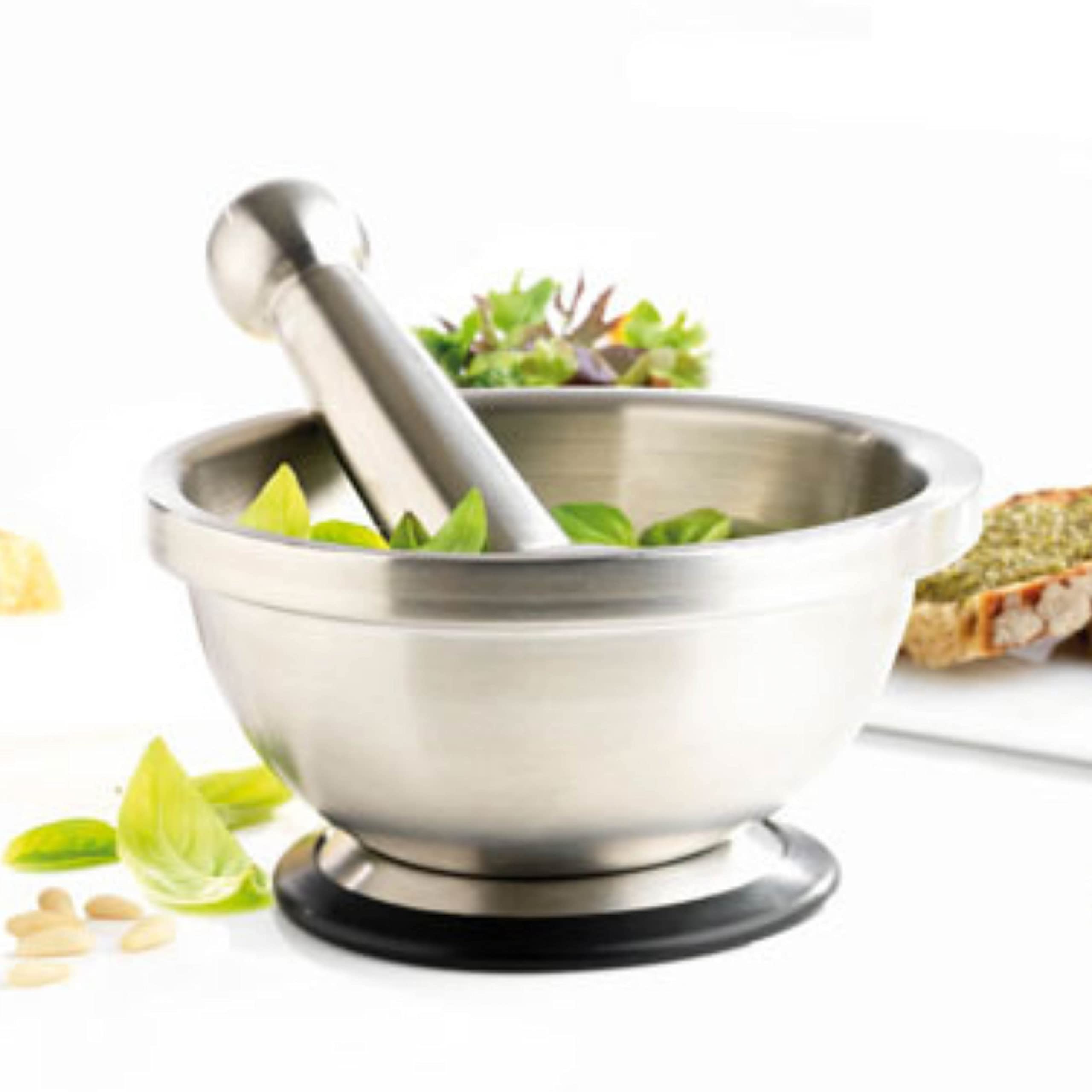 MASTRAD – Mortier Et Pilon De Cuisine– Inox Incassable – Non-Poreux – Base Stable – Design - Acier Inoxydable, 135x135x80