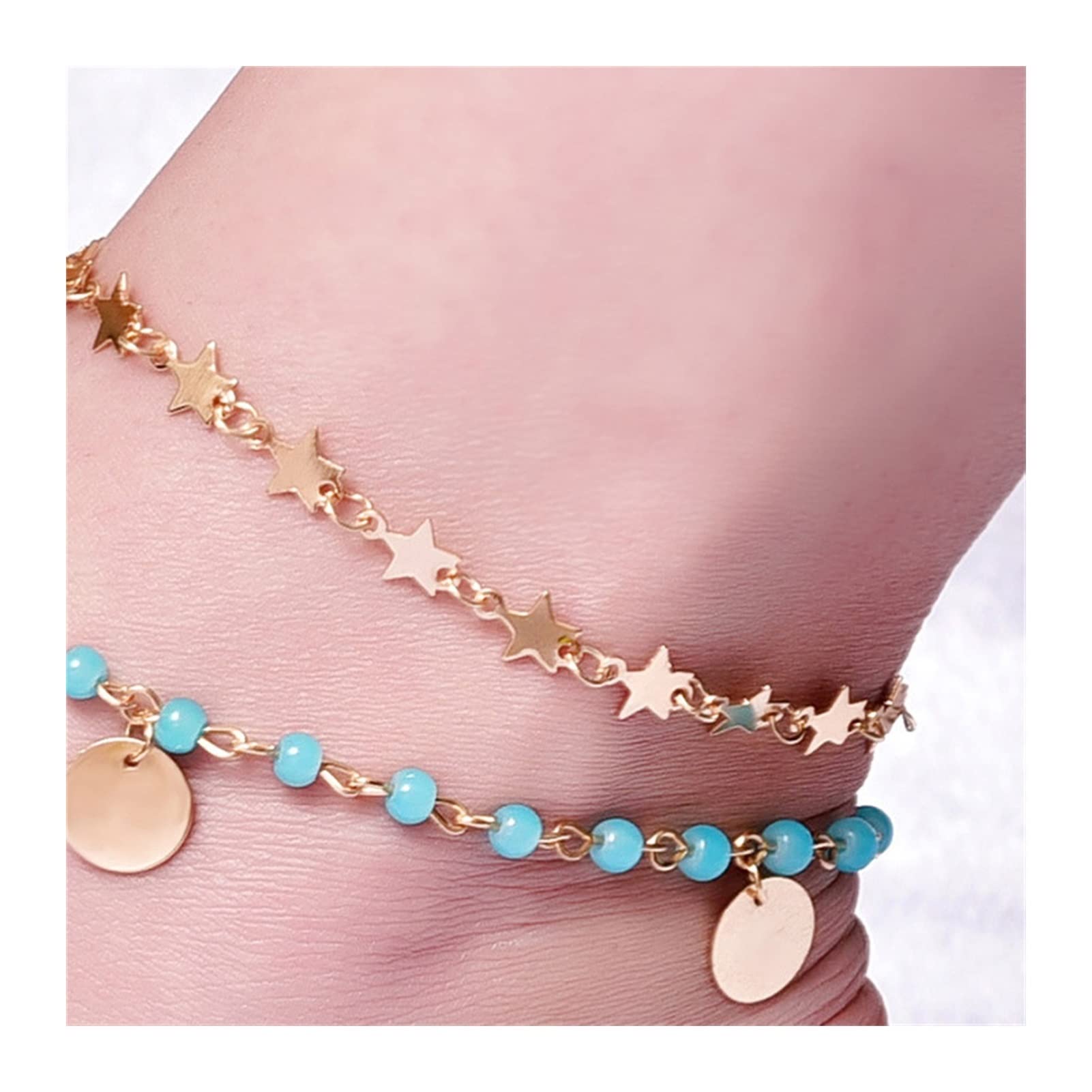 Fußkettchen, 2 Stück/Set, modische Perlen, Stern-Pailletten, Quasten-Fußkettchen für Frauen, Goldfarbene Fußkette, Schmuck, Knöchelketten, Geschenke, Damen-Fußkettchen