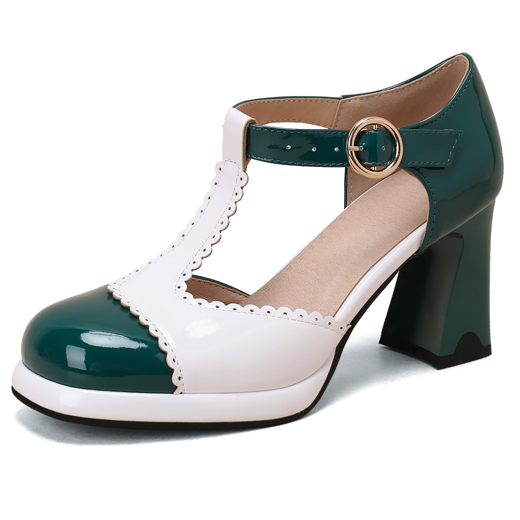 Lroey Reoly Zapatos Merceditas de Mujer, Sandalias de Tacón Alto con Punta Rojoonda Hebilla Moda Tacón Ancho Mary Jane T Strap con Plataforma, Talla 34-43