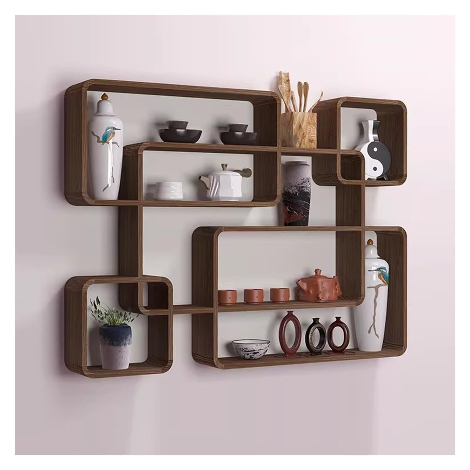Présentoir mural pour tasses à café, organisateur de tasses en bois rustique pour tasses à thé, théières et objets de collection