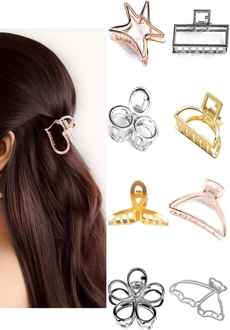 Multi Design Minimalist Metal Hair Claw Clips for Women, Hair Catch Banana Clips Clutchers Clamp Hairties Hair Accessories for Girls - (Medium Size Pack of 8)