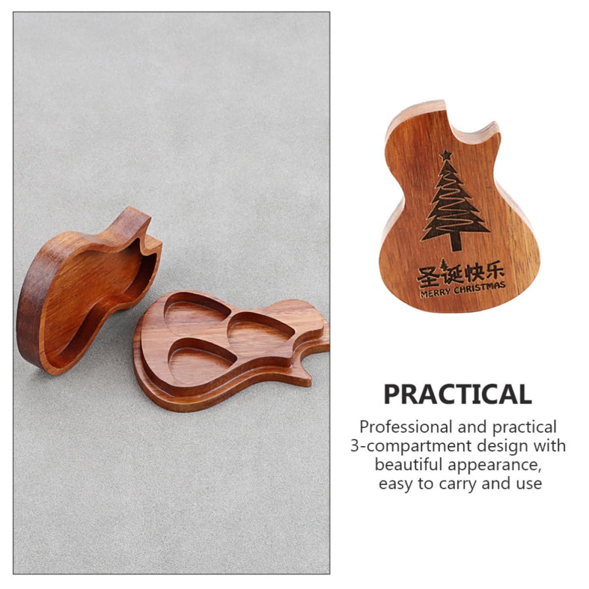 Kisangel 4 Pezzi Scatola Portaplettri per Chitarra in Legno Marrone a Forma | Design a 3 Scomparti, Grana Naturale, Portatile e Facile da Trasportare