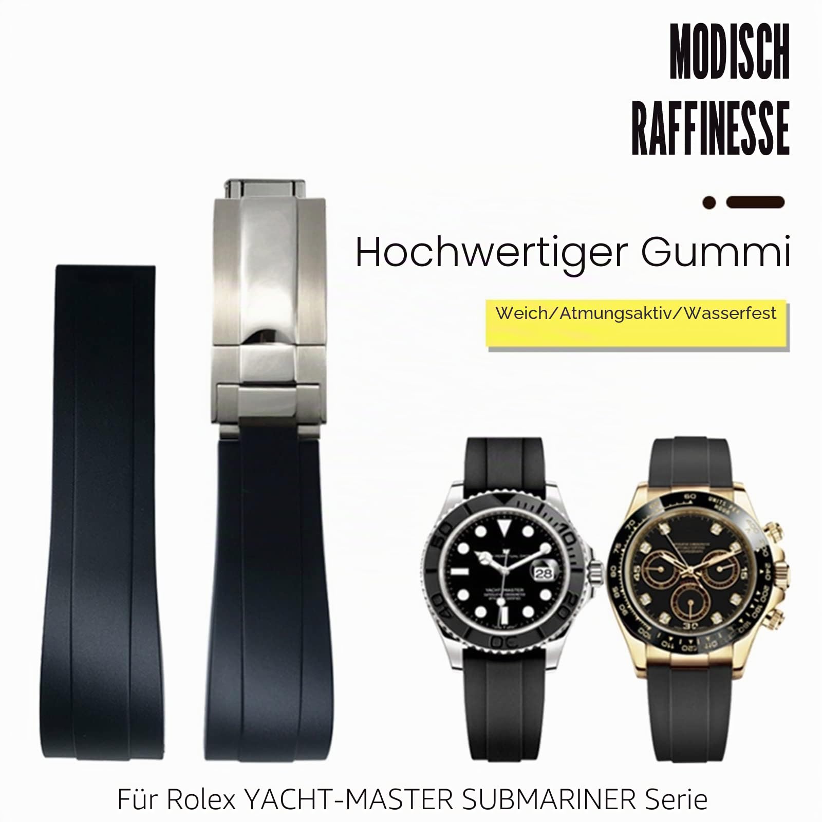 20 mm 21 mm Gummi-Uhrenarmband für Rolex Daytona Submariner GMT Yacht-Master Oysterflex Silikonarmband Faltschnalle Armbänder (Farbe: Schwarz ohne Schnalle, Größe: 20 mm)