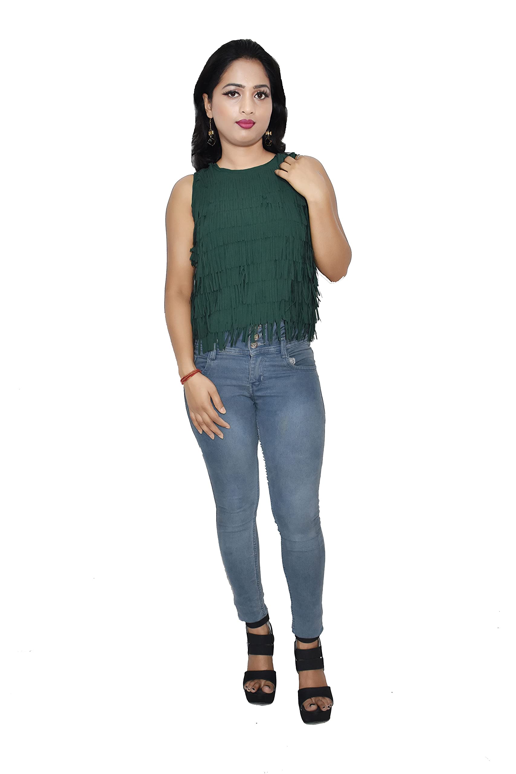 desi touch Women's Georgette Lasercut Top (Pack of 1) (Dark Green) (S)-picture-15