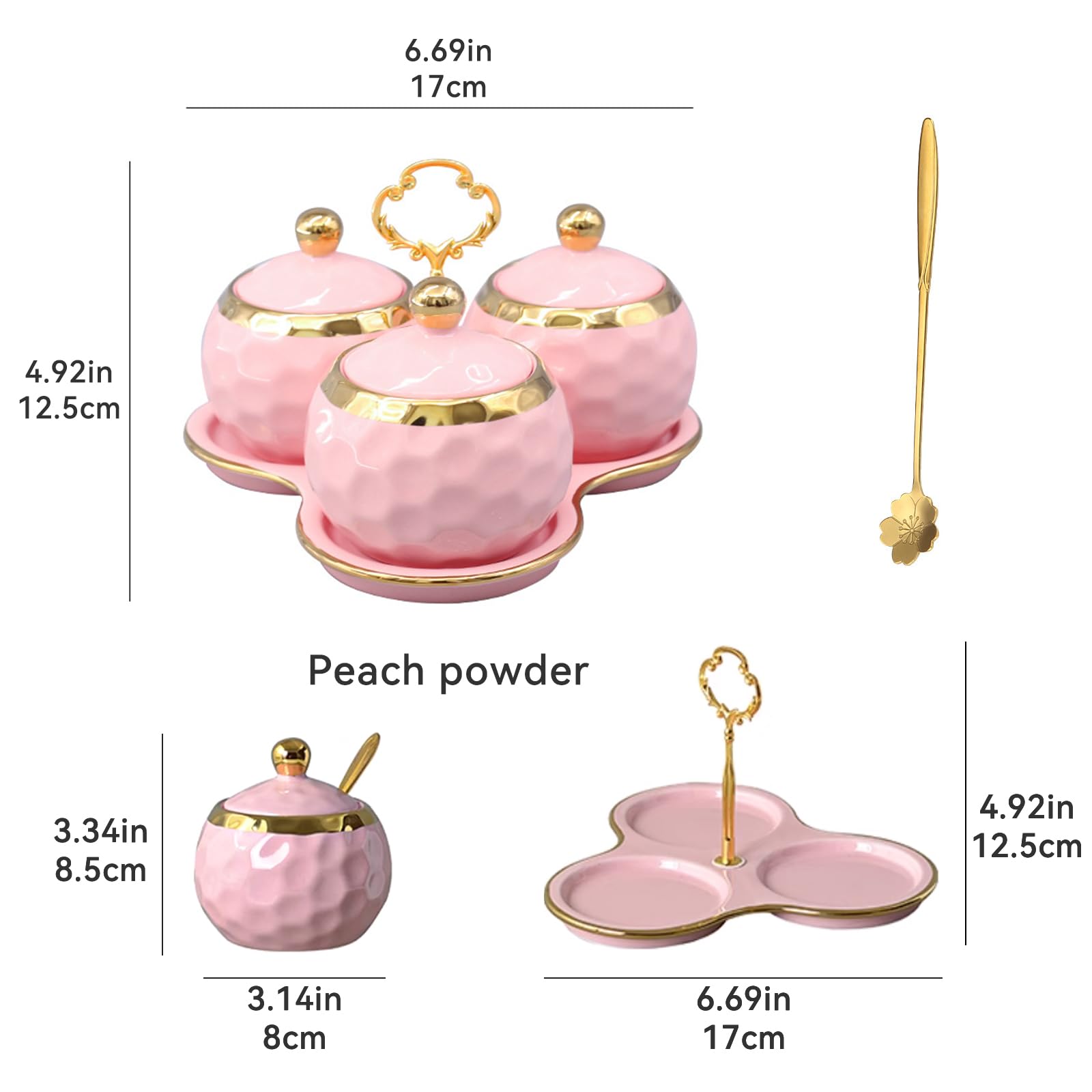 YMYL Set of 3 Porcelain Condiment Pot Sugar Bowl with Lid, Spoon and Tray, Modern Ceramic Seasoning Jars Salt Container for Home Kitchen, Restaurant, Coffee Bar (Pink)