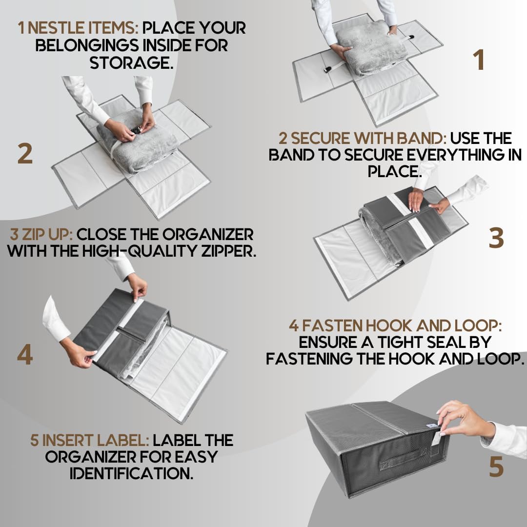 Cappy-Barra 4 Pack Bed Sheet Organizer (Gray), Storage Boxes for Queen & King Bedding, Clothes & Towels, Foldable Underbed Container with Handle & Label, Linen Closet Organization