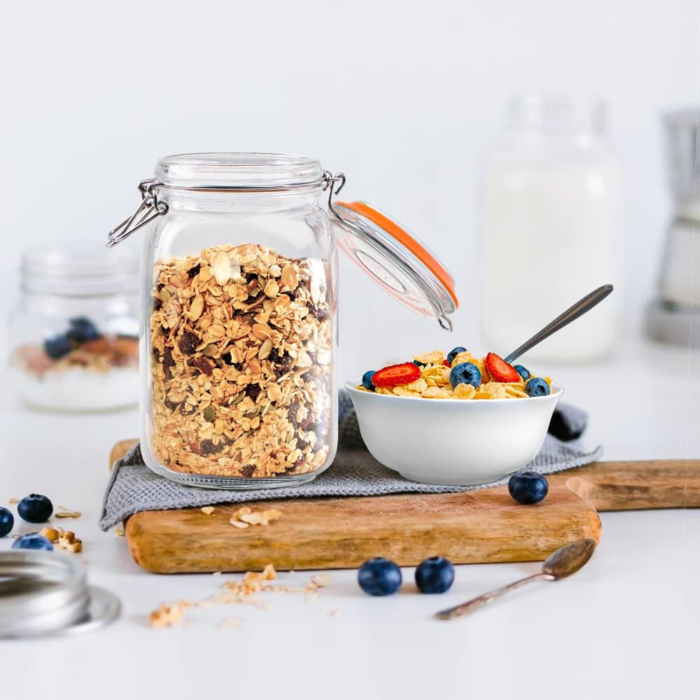 50 oz Glass Jars with Airtight Lids, Wide Mouth Mason Jars with Clip Top Lids for Kitchen - Square Glass Jars with Chalkboard Labels and Replacement Silicone Gaskets, Set of 4 - Image 2