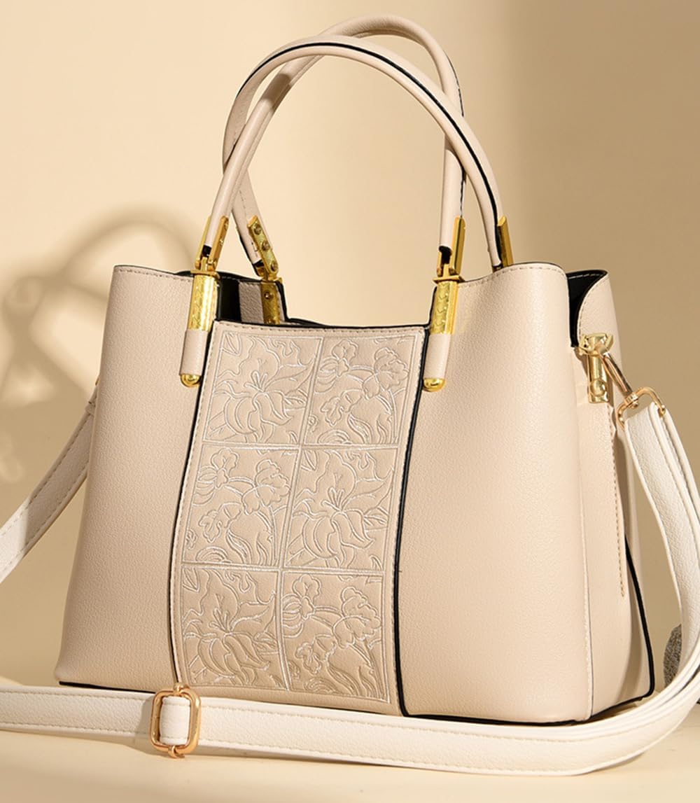 本革刺繍入りトップハンドルクロスボディバッグ（レディース） 大型トートショルダーサッチェルハンドバッグ(A1 White)