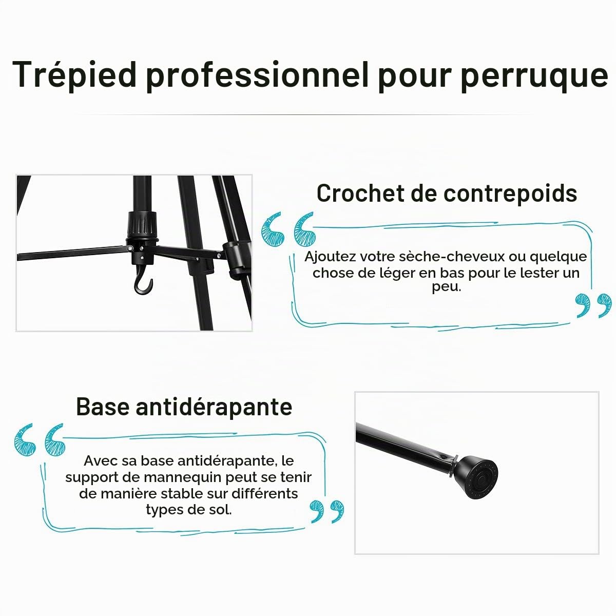 Trépied de Coiffure, DanseeMeibr Plus Antidérapant réglable (24-64Inch) trepied tete a coiffer Support Porte-coiffure en Aluminium pour Têtes d'exercice avec Sac de Transport