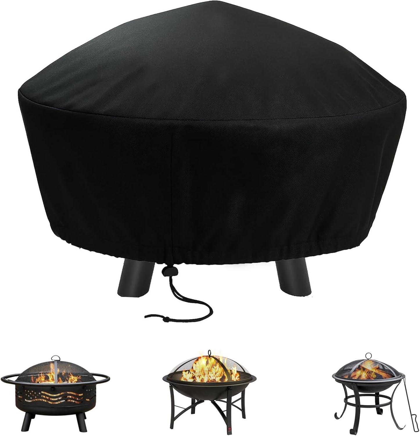 Round Fire Pit Cover 58 x 24 Inch, 600D Heavy Duty Taped Seam Waterproof Patio Friepit Cover, for Solo Yukon Fire Table, Windproof Drawstring, Fade & Weather Resistant Cover