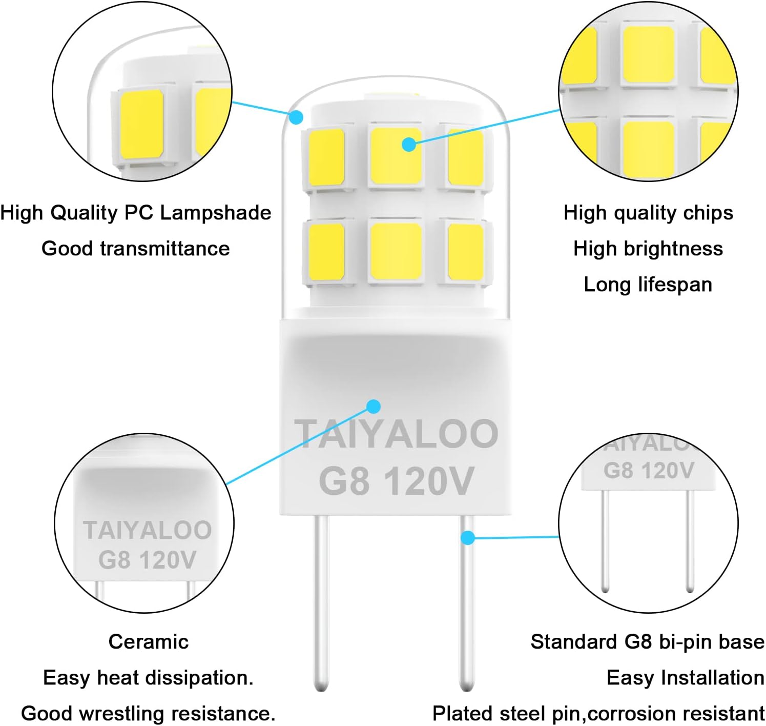 TAIYALOO Dimmable G8 LED Light Bulbs, 20W-25W Halogen Replacement, Natural White 4000K, T4 JCD Type 2-Pin Base, 120V Mini G8 Bulbs for Under Cabinet Puck Light, Under Counter Light (10 Pack)