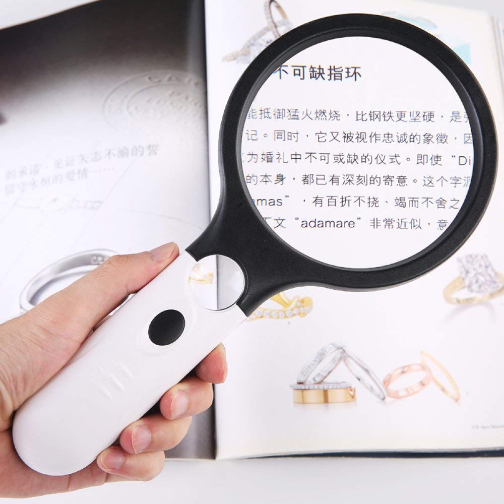 Lupas de Mano con luz LED Lupa Espejo primario 4X Espejo secundario 30X Niños Ancianos Lectura Reparación HD Espejo de identificación, Blanco 26 * 12.3CM Mano