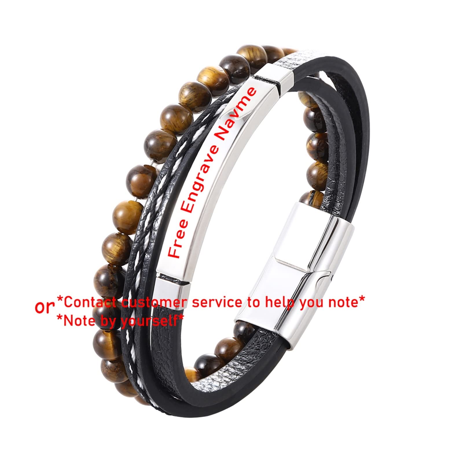 HLTYGWX Pulsera de Cuero grabada para Hombre, Cuentas de Piedra de Ojo de Tigre Amarillo, Regalos de joyería para Novio y Novia