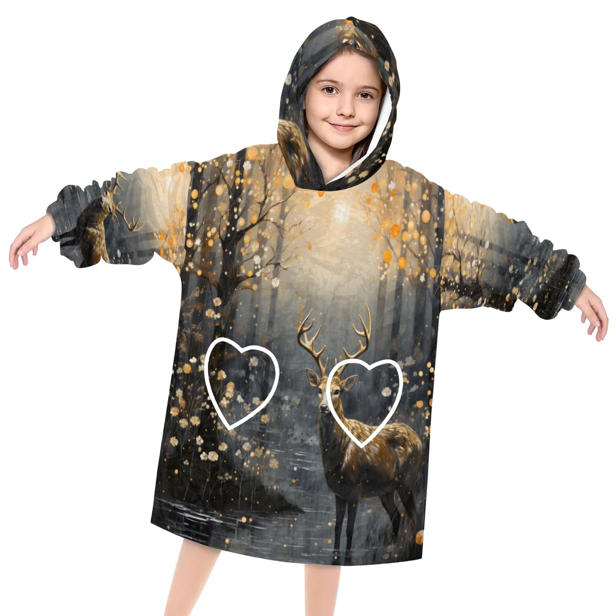 Pardick Wearable Blanket Hoodie for Kids, White-tailed Deer Fleece Sweatshirt Blanket Oversized Blanket Sweatshirt with Pocket Flannel Warm Hooded Blanket 6-10 Year Old Girl Boy Gift, One Size