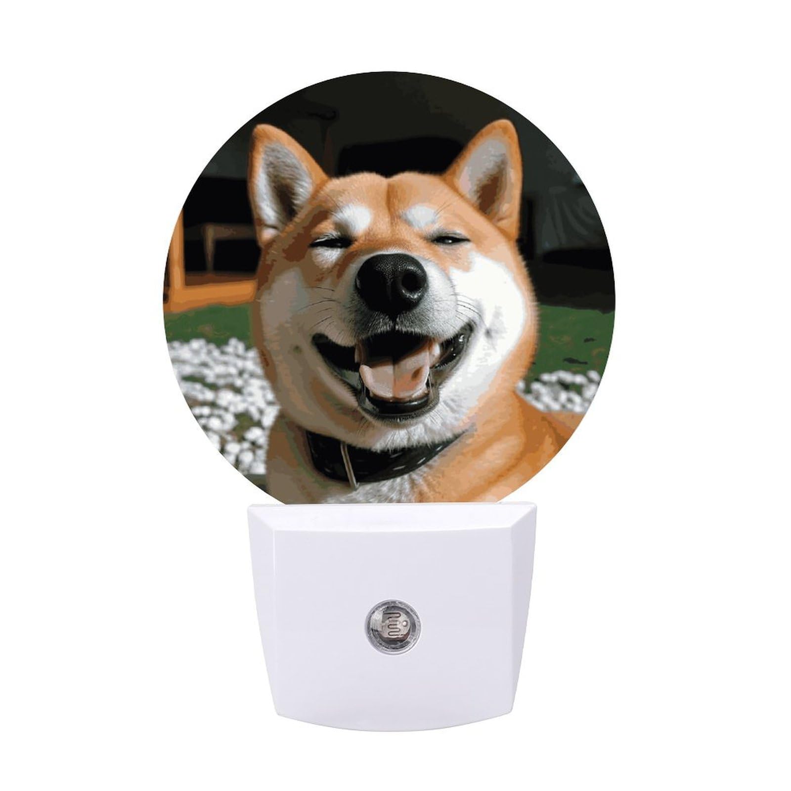 Night Light Plug Into Wall with Dusk to Dawn Sensor 0.5w Modern LED Shiba Inu Smile Tongue Out Plug in Night Lamp Warm White Glow Nightlight for Bedroom Hallway Kitchen Bathroom Stairs Corridor(Round)