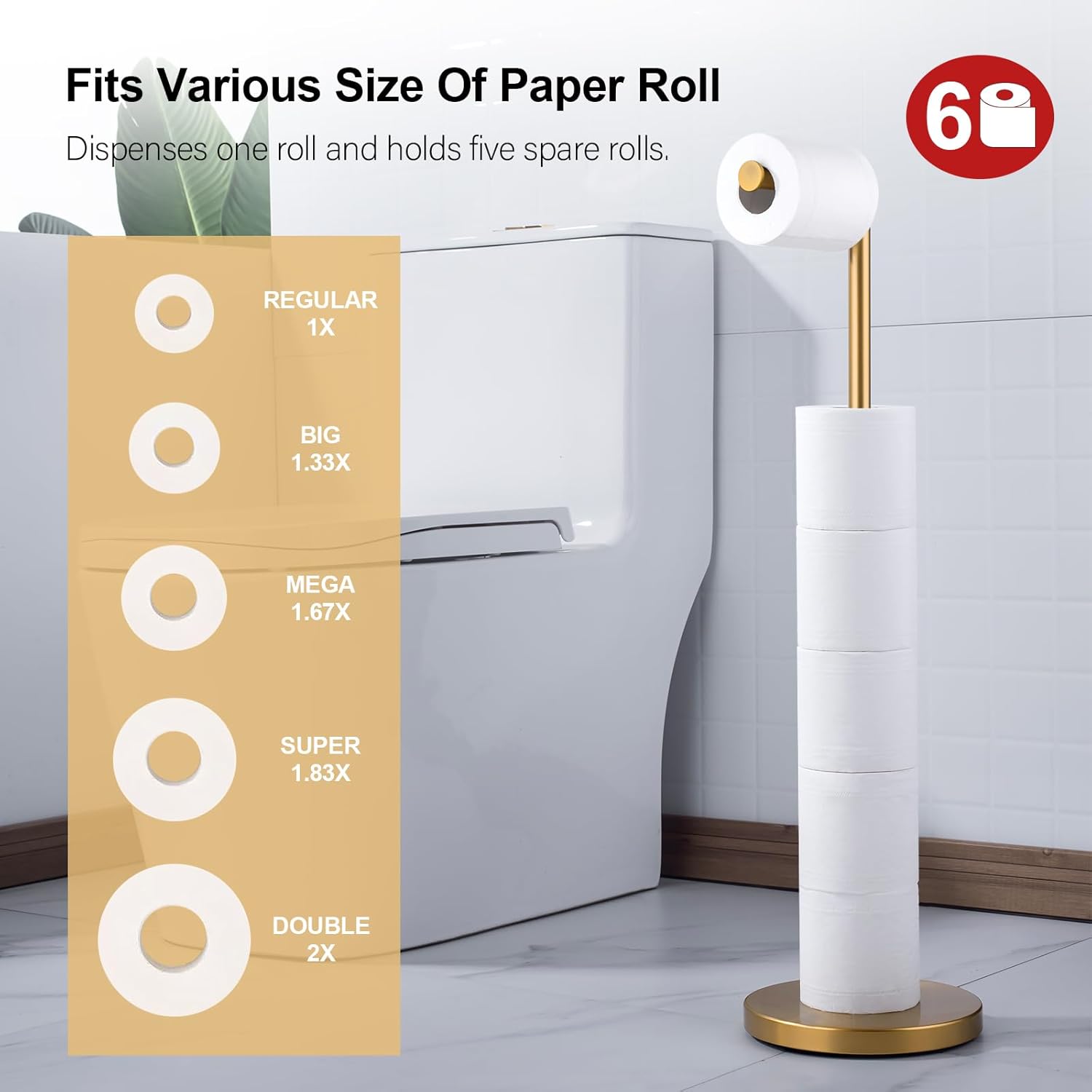 BAGNOLUX Bathroom Toilet Paper Holder Stand with Reserve, SUS304 Stainless Steel Rustproof Pedestal Tissue Roll Holder Heavy Duty (Brushed Brass)