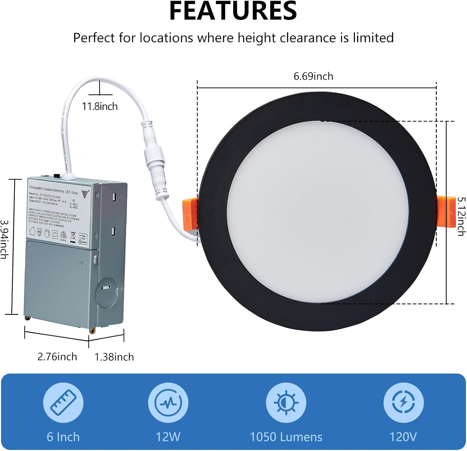 CycevSun 12 Pack Black Recessed Lights 6 Inch, Dimmable Canless Wafer Pot Exterior Outdoor Soffit, 5CCT Selectable, 12W, 120V, IC Rated, ETL - Image 7