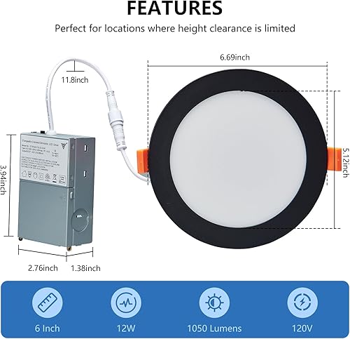Miniatura 7 de CycevSun Luces empotrables negras sin lata de 6 pulgadas, iluminación exterior de soffito, regulables y 3000 K, 4000 K, 5000 K, seleccionables, 12