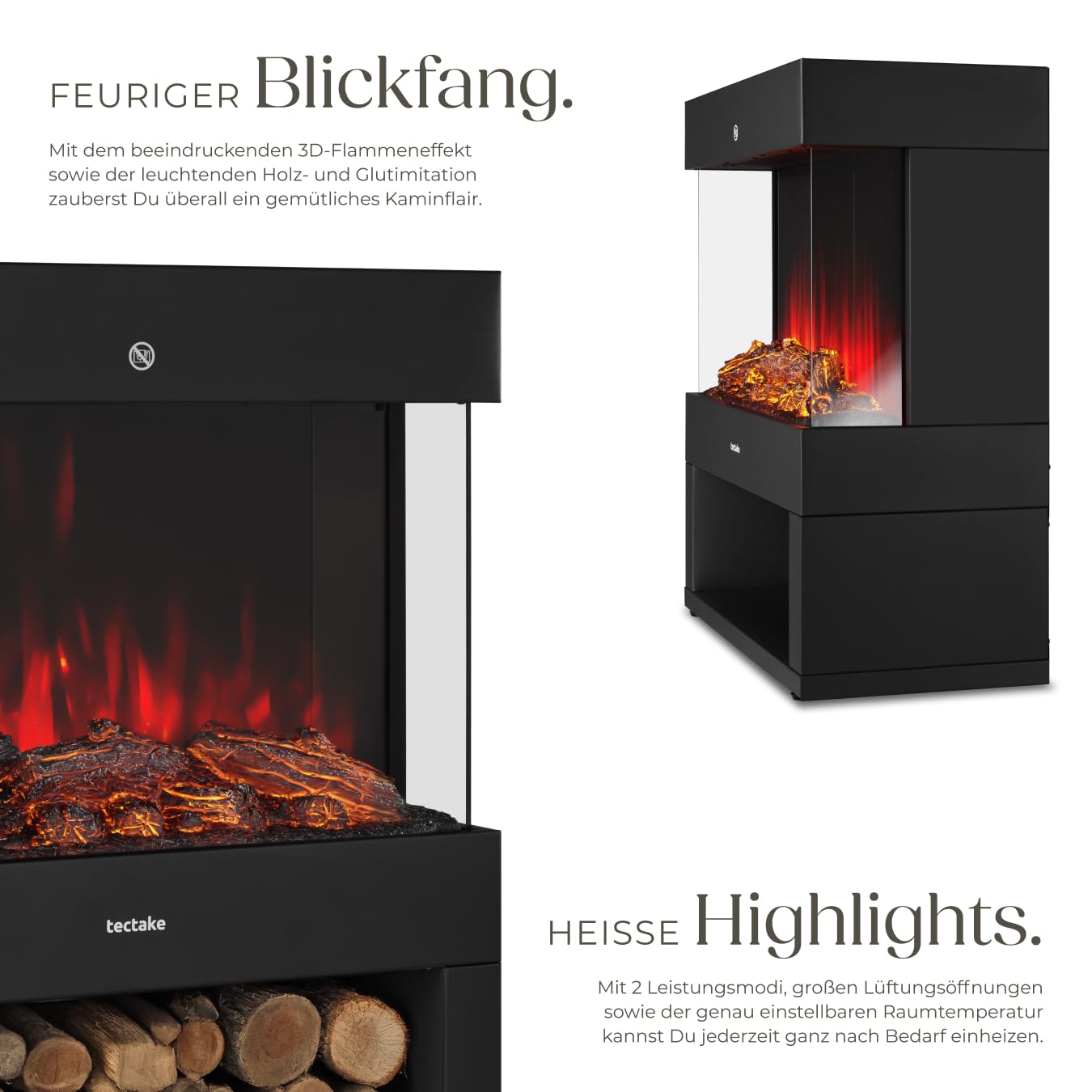 tectake® Elektrokamin mit 2 Heizstufen 900W/1800W, elektrischer Kamin mit 3D-Flammeneffekt, Glut und Holz, Kaminfeuer, Elektro Kamin Deko mit Thermostat, Kippschutz und Überhitzungsschutz, schwarz