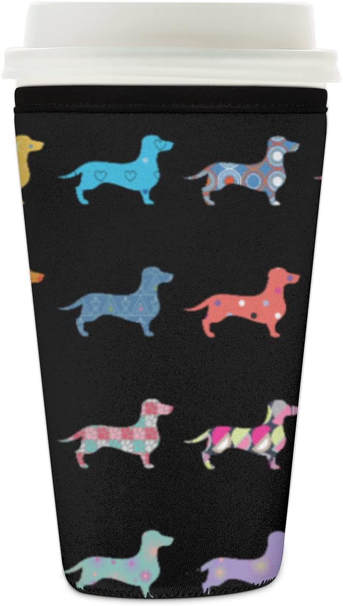 Funny Dachshund Dog Reusable Iced Coffee Sleeve, Decorative Dogs Insulator Sleeve for Cold Drinks Beverages Neoprene Cup Holder for Cold Drink Cups-(26-28oz)
