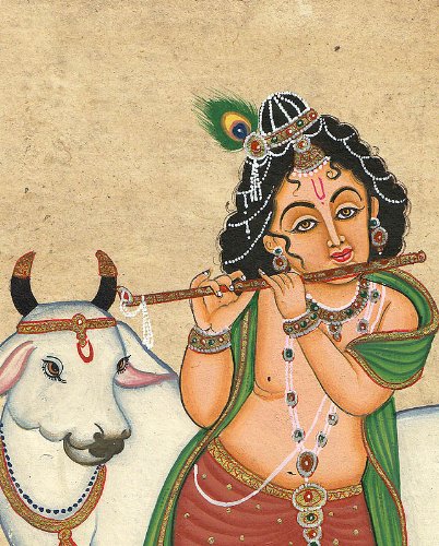 Aquarelle Exotic India : tableau Krishna mangeant du beurre volé pour décoration